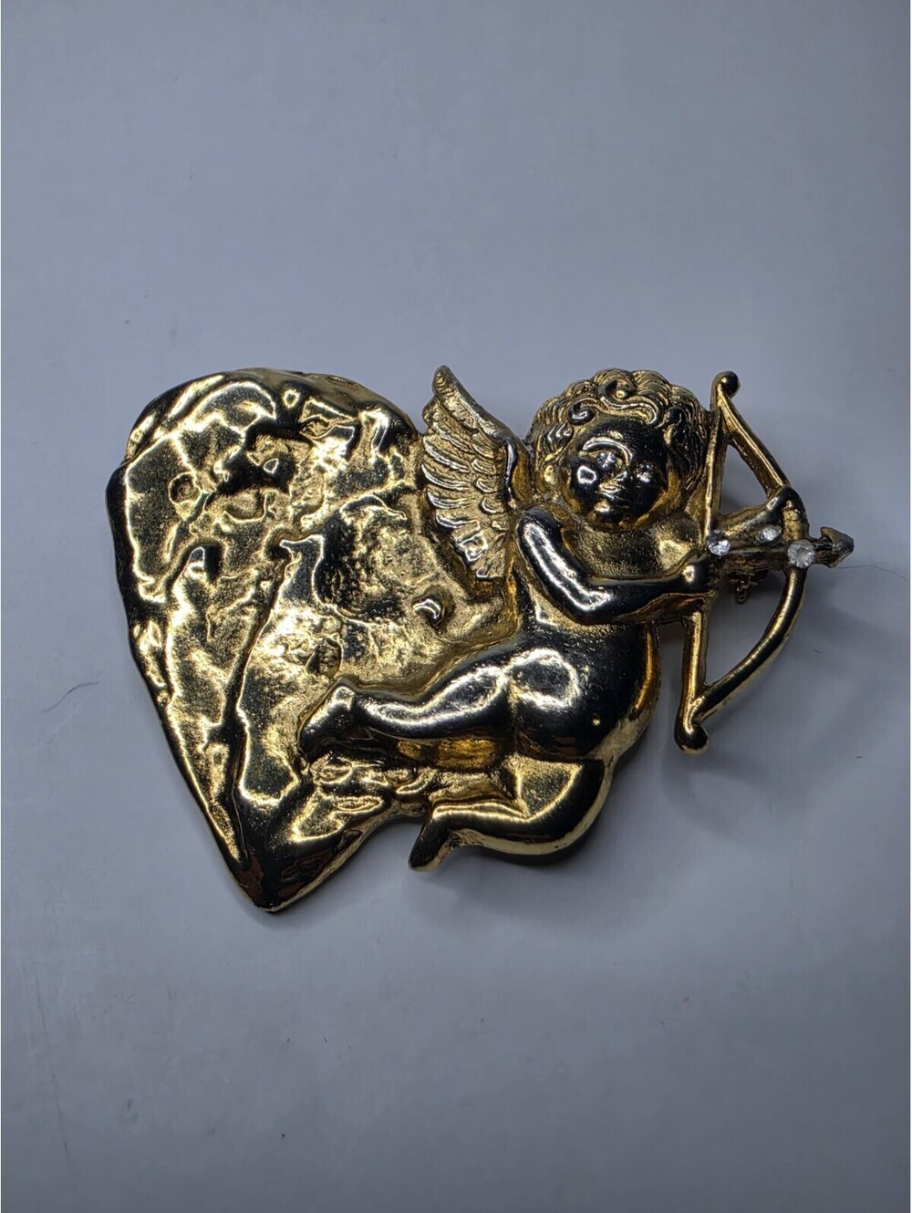Vintage Gold Tone Cupid Heart Brooch Rhinestone Angel Bow Arrow Pin